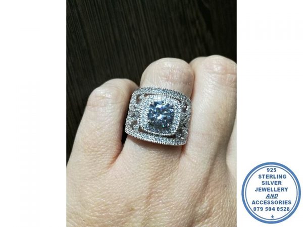 925 Sterling Silver Square Halo Large Statement Dress Ring with large round cubic center and cubic Filigree twirls