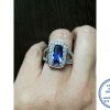 925 Sterling Silver Statement BLUE Ring with Large Rectangular Cubic Halo with illusion of 2 cubic open bands on sides becoming one smooth below.