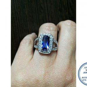 925 Sterling Silver Statement BLUE Ring with Large Rectangular Cubic Halo with illusion of 2 cubic open bands on sides becoming one smooth below.