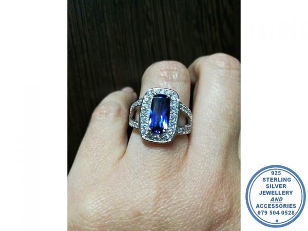 925 Sterling Silver Statement BLUE Ring with Large Rectangular Cubic Halo with illusion of 2 cubic open bands on sides becoming one smooth below.