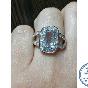 925 Sterling Silver Statement CLEAR Ring with Large Rectangular Cubic Halo with illusion of 2 cubic open bands on sides becoming one smooth below.