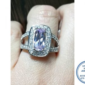 925 Sterling Silver Statement PINK Ring with Large Rectangular Cubic Halo with illusion of 2 cubic open bands on sides becoming one smooth below.