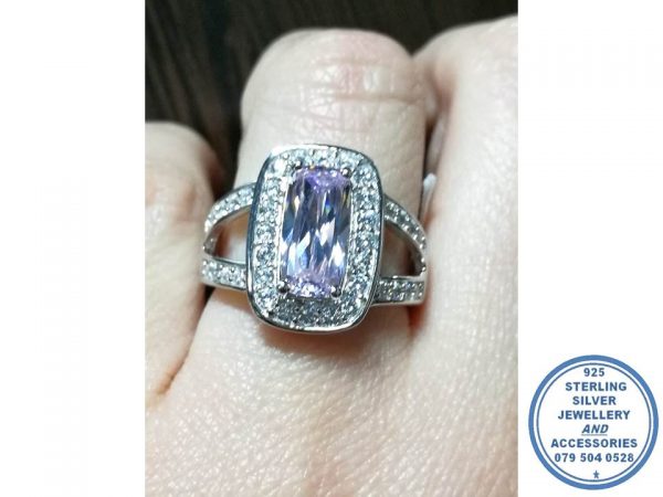 925 Sterling Silver Statement PINK Ring with Large Rectangular Cubic Halo with illusion of 2 cubic open bands on sides becoming one smooth below.