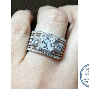 925 Sterling Silver Ring with 7 Cubic and Twisted Bands As One Ring Halo Square Cubic  with side Halo Smaller Square Cubic