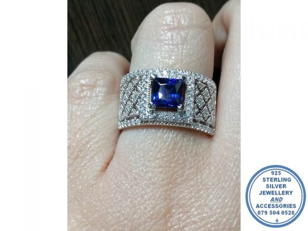 925 Sterling Silver Royal Blue Square Halo Cubic Claw with side Diamond Shape Cubic Detail