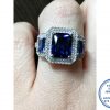 925 Sterling Silver Statement Ring with 3 Blue Rectangular Halo Cubic. Large Middle and side Rectangular Blue Cubic with Clear Cubic Halo. Stunning inside detail