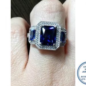 925 Sterling Silver Statement Ring with 3 Blue Rectangular Halo Cubic. Large Middle and side Rectangular Blue Cubic with Clear Cubic Halo. Stunning inside detail
