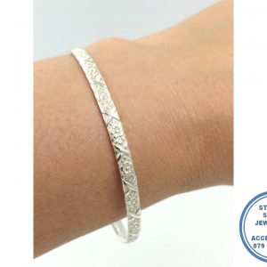925 Sterling Silver Bangles 6mm Embossed Flowers crosses