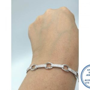 925 Sterling Silver Designer's Bracelet Clear Cubic Rectangular Strips with open oval links max 19- 21cm