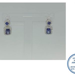925 Sterling Silver Royal Blue Cubic Round And Rectangular Halo Earring Dangle Stud
