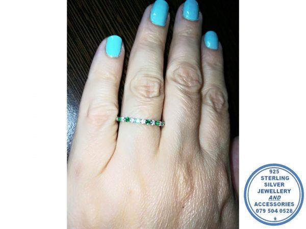 925 Sterling Silver Designer's Green and Clear Cubic  Wedding Band Stack Ring