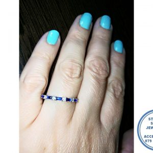 925 Sterling Silver Royal Blue Baguette and Clear Round Cubic Wedding Band Stack Ring