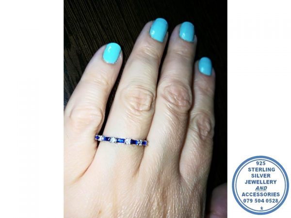 925 Sterling Silver Royal Blue Baguette and Clear Round Cubic Wedding Band Stack Ring