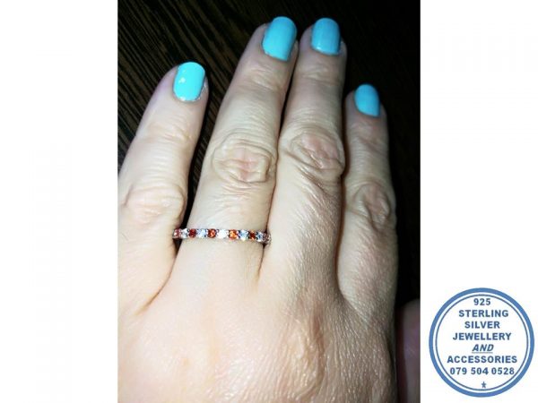 925 Sterling Silver Designer's Wedding Band Stack Ring Red and Clear cubics