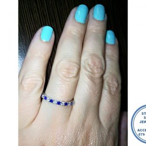 925 Sterling Silver Designer's Wedding Ring blue and clear round cubics