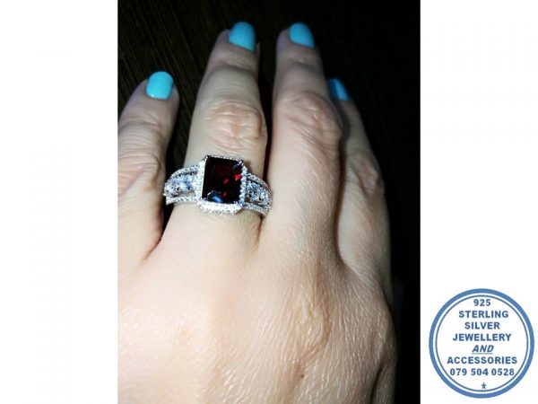 925 Sterling Silver Ruby Cubic Red  Blue Rectangular Halo Cubic Ring