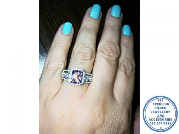 925 Sterling Silver Pink Rectangular Halo Cubic Ring with clear cubic detail on sides
