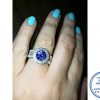 925 Sterling Silver Statement Sophisticated Royal Blue Round Halo Ring  with clear side baguette detail