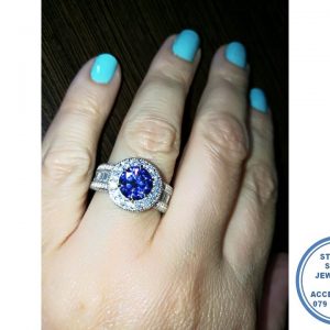 925 Sterling Silver Statement Sophisticated Royal Blue Round Halo Ring  with clear side baguette detail