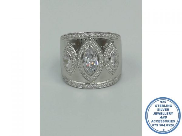 925 Showstopper Statement Ring with 3 Large Clear Halo Eye Cubic Ring Broad