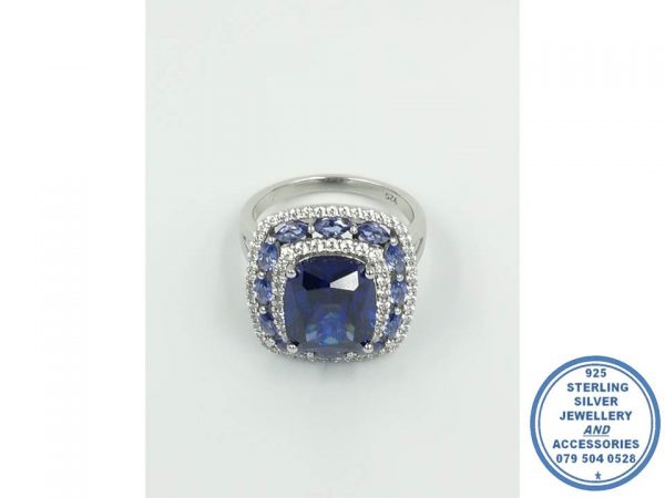 925 Sterling Silver Bold Large Rectangular Royal Blue Dress Ring Double Halo