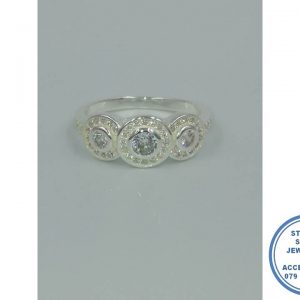 925 Sterling Silver Designers Wedding Ring 3 Round Halo. 1 Large Clear Halo Center with 1 smaller round side halo on either side of this stunning ring