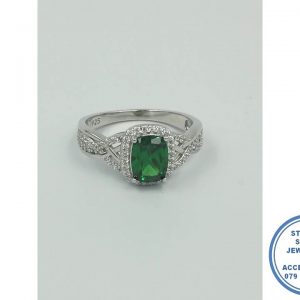 925 Sterling Silver Emerald Green Rectangular Cubic Halo Ring with Cubic Side Bands Crossing all as 1 ring