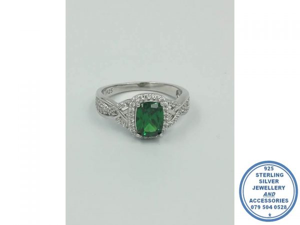 925 Sterling Silver Emerald Green Rectangular Cubic Halo Ring with Cubic Side Bands Crossing all as 1 ring