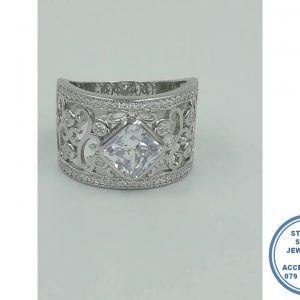 925 Sterling Silver Designer's Ring with a Diamond Shape Clear Square Center and Twirls in sides around center Ring