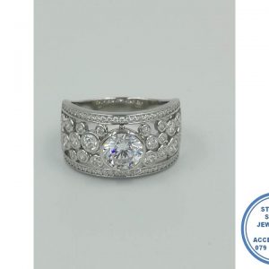 925 Sterling Silver Designer's Wedding Ring Statement Large Round Middle Tube setting with side tube cubic rounds and 2 side bands all as 1 ring