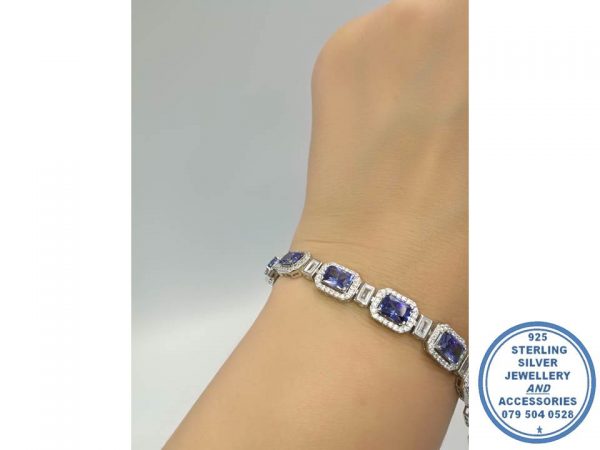 925 Sterling Silver  Rectangular Halo Royal Blue Designer's Tennis Bracelet
