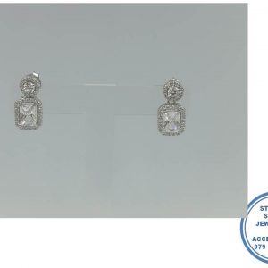 925 Sterling Silver Royal CLEAR Cubic Round And Rectangular Halo Earring Dangle Stud