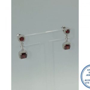 925 Sterling Silver Ruby Red Halo Cubic Round and rectangular Dangle Drop Earring