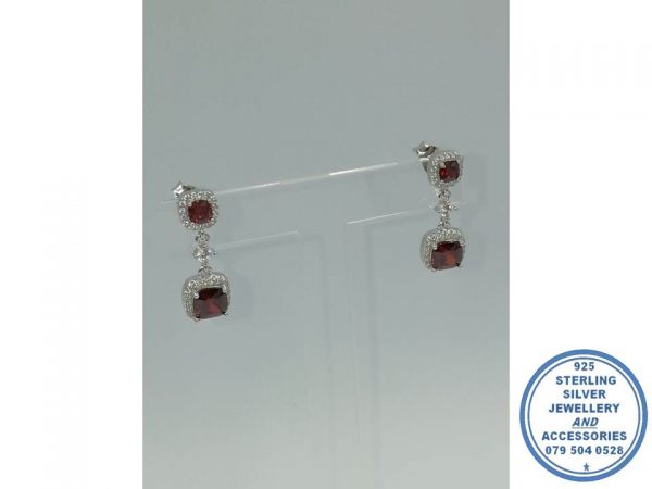 925 Sterling Silver Ruby Red Halo Cubic Round and rectangular Dangle Drop Earring