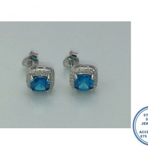 925 Sterling Silver Halo Aqua Cubic Stud Earrings