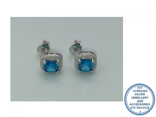925 Sterling Silver Halo Aqua Cubic Stud Earrings