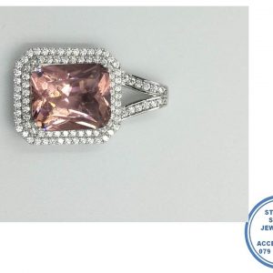 925 Sterling Silver Designer's Double Halo Large Rectangular Morganite Cubic Pendant