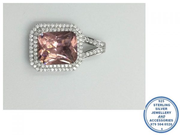 925 Sterling Silver Designer's Double Halo Large Rectangular Morganite Cubic Pendant