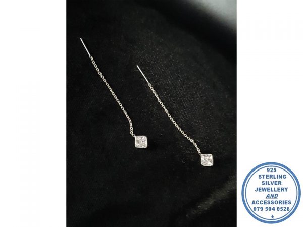 "925 Sterling Silver Trendy Chain Clear Zirconia Square Earrings"
