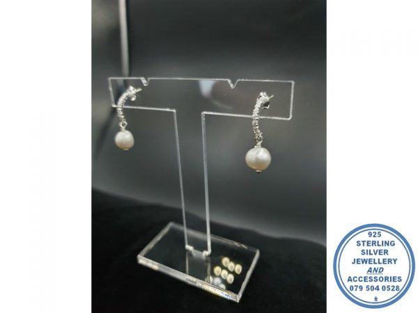 "925 Sterling Silver Cubic Hoop Fresh Water Pearl Charm Earring"