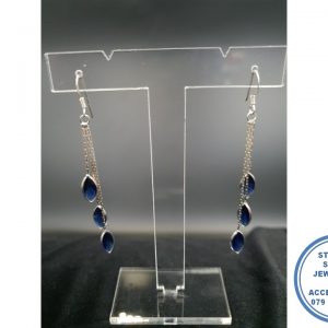 "925 Sterling Silver Statement Royal Denim Blue Hanging Hook in Earring with 3 Marquise Pear Shape Zirconia"