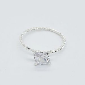 925 Sterling Silver Rope Square Cubic Zirconia 6mm Ring