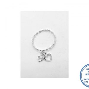 925 Sterling Silver Rope Band with double heart charm Stack Ring 