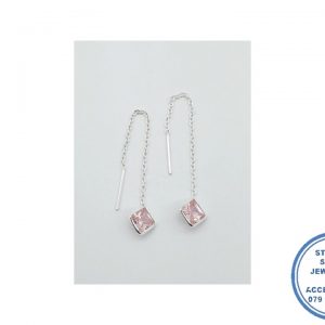 925 Sterling Silver Trendy Chain PINK  Zirconia Square Earrings