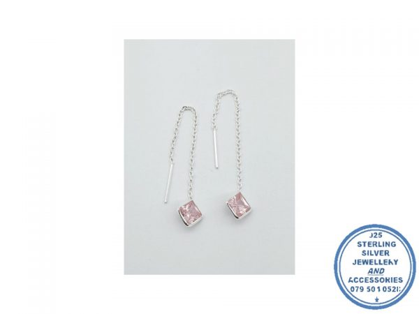 925 Sterling Silver Trendy Chain PINK  Zirconia Square Earrings